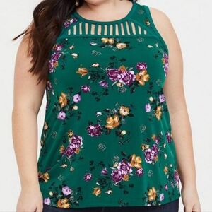 Torrid 0‎ 0X Green Floral Strappy Neckline Babydoll Tank Top Shirt Blouse